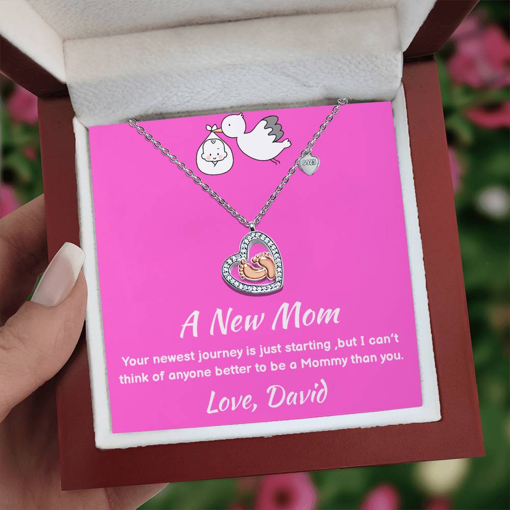 Baby Feet Heart Necklace with Custom Signature