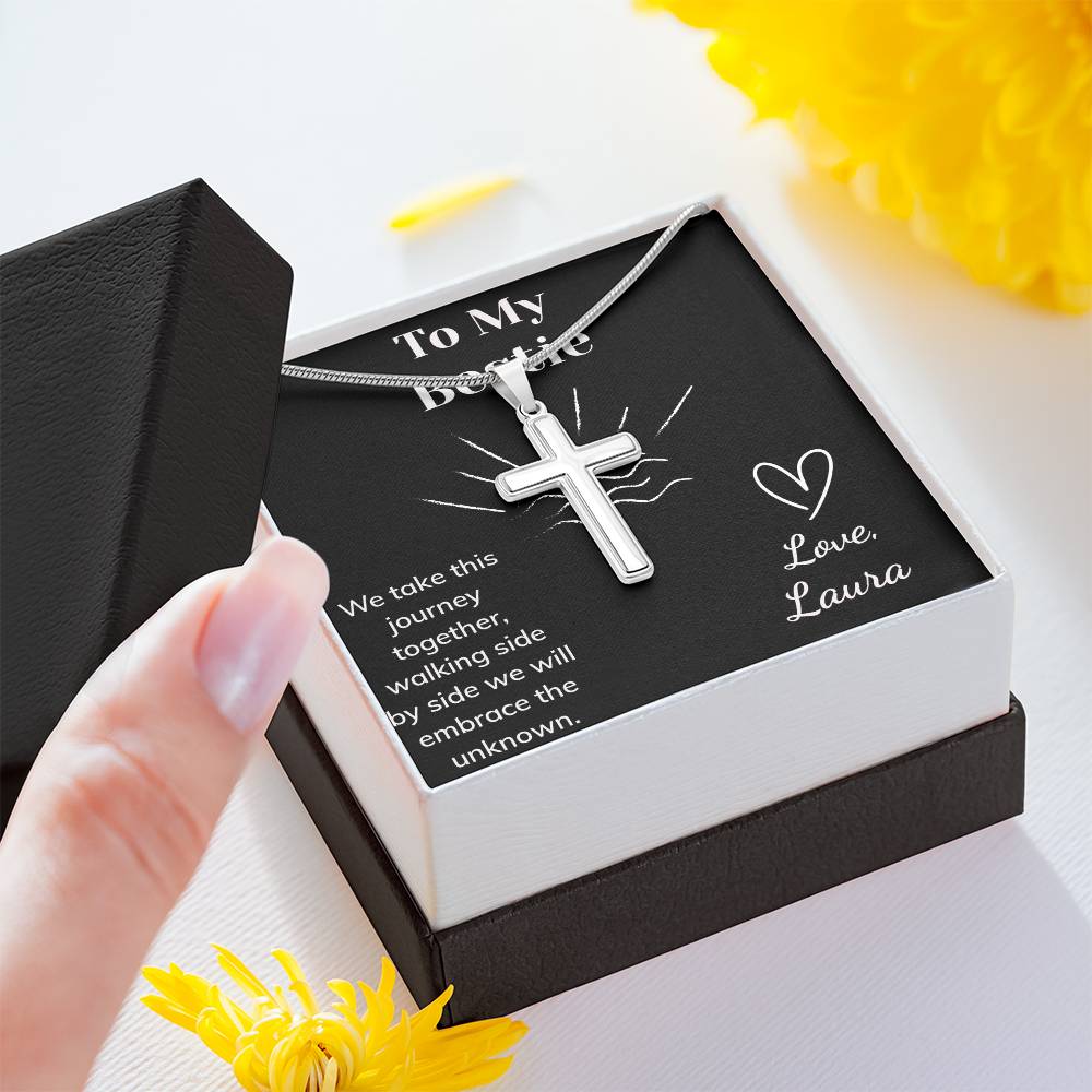 Stainless Steel Cross Necklace with Customizable Message
